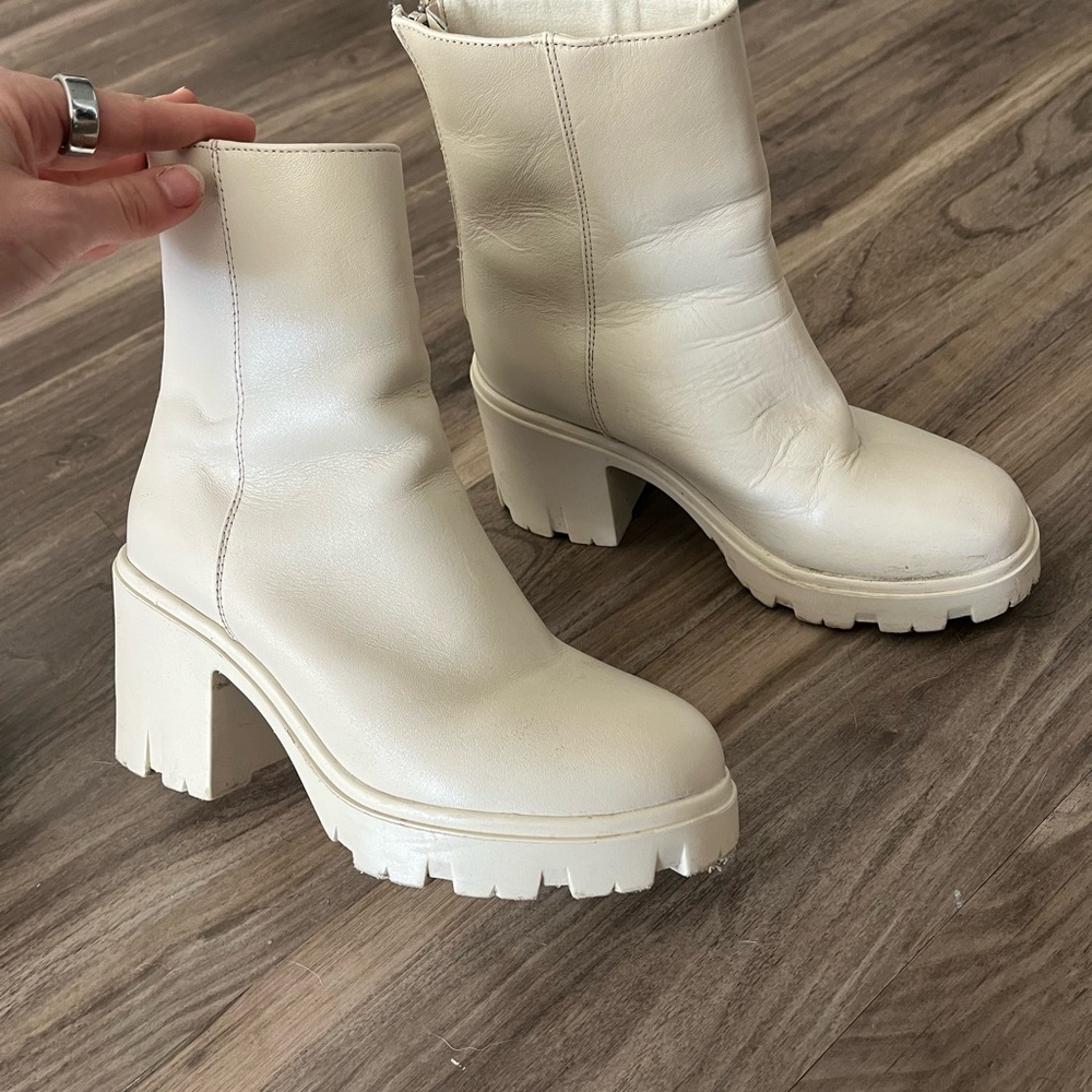 Cream Chunky Heeled Boots with Platform